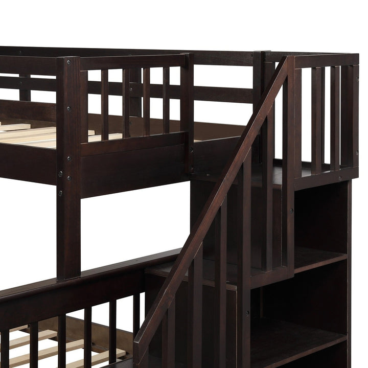 Espresso Twin Over Full Contemporary Bunk Bed With Stairs And Shelves Image 6