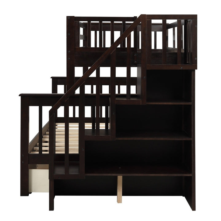 Espresso Twin Over Full Contemporary Bunk Bed With Stairs And Shelves Image 9