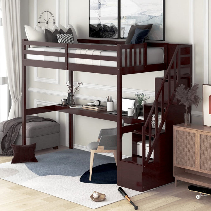 Espresso Twin Size Loft Bed with Built In Desk and Stairway Image 1