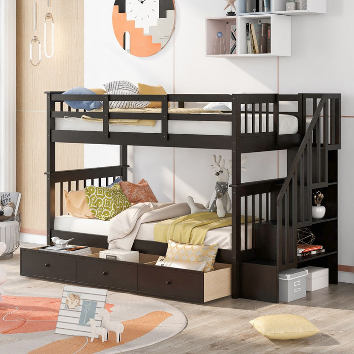 Espresso Twin Over Twin Bunk Bed with Stairway and Drawers Image 1