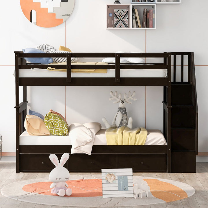 Espresso Twin Over Twin Bunk Bed with Stairway and Drawers Image 2