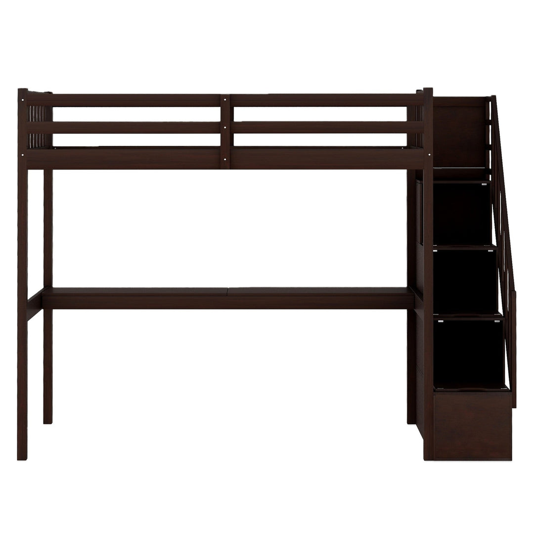 Espresso Twin Size Loft Bed with Built In Desk and Stairway Image 4