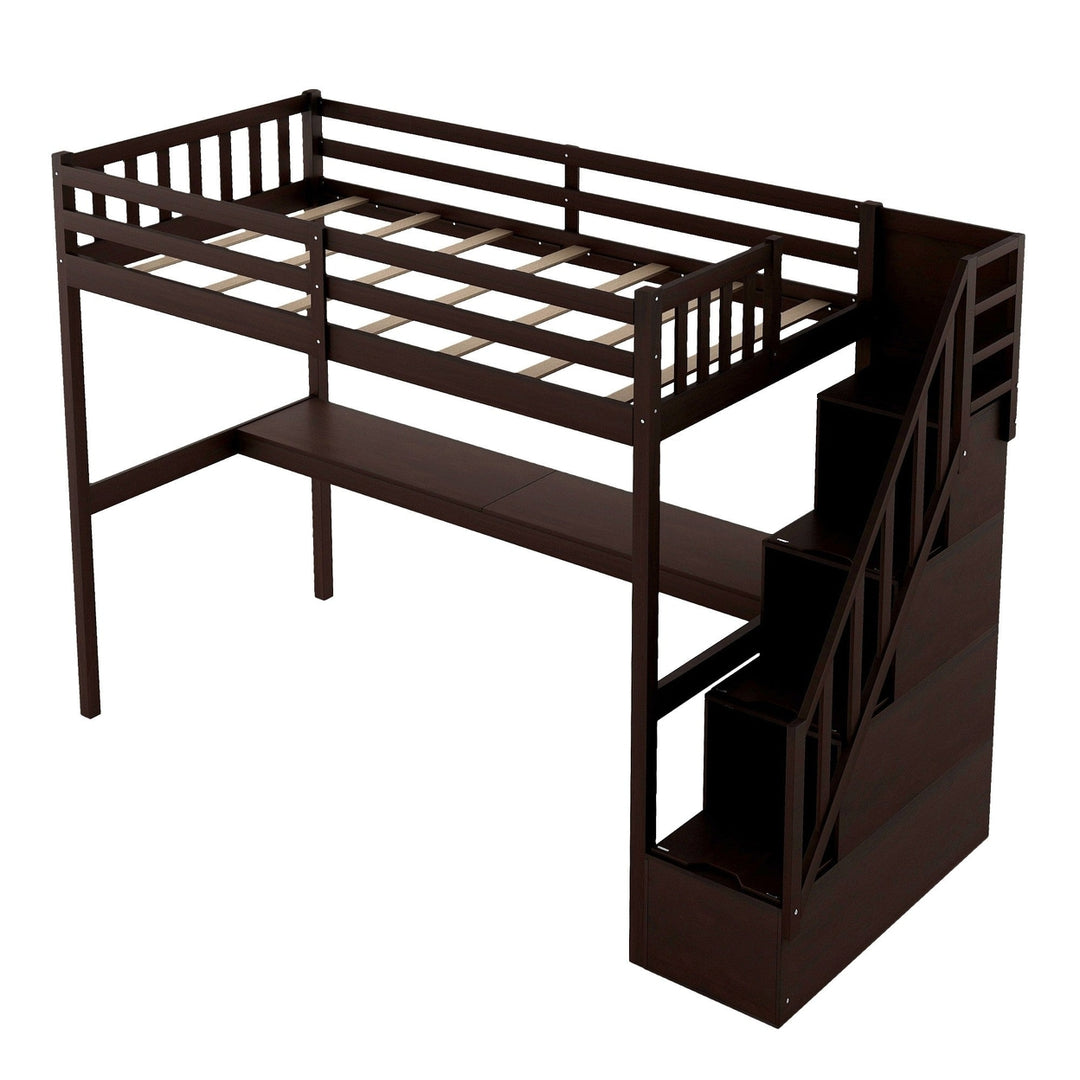 Espresso Twin Size Loft Bed with Built In Desk and Stairway Image 5