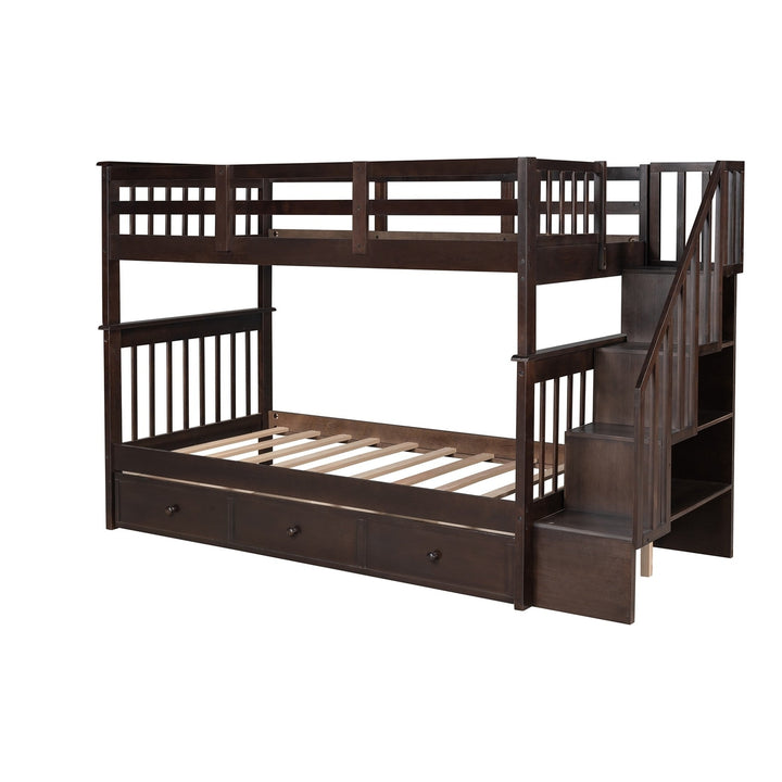 Espresso Twin Over Twin Bunk Bed with Stairway and Drawers Image 3