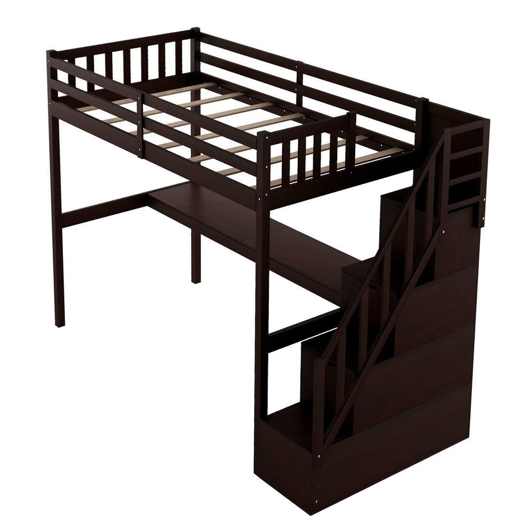 Espresso Twin Size Loft Bed with Built In Desk and Stairway Image 6