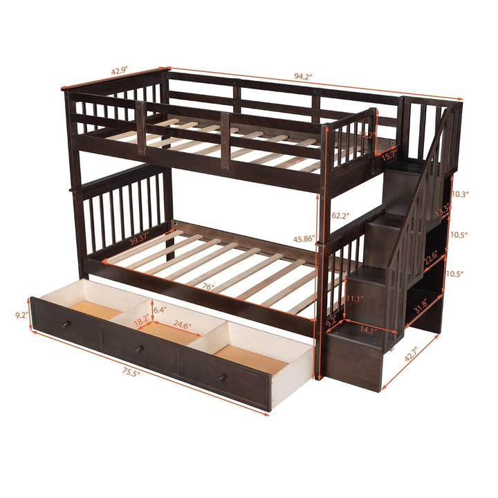 Espresso Twin Over Twin Bunk Bed with Stairway and Drawers Image 7