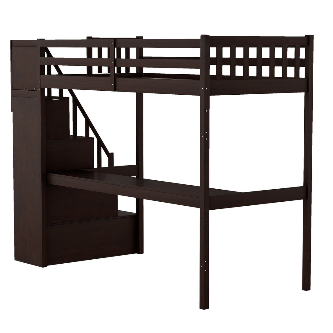 Espresso Twin Size Loft Bed with Built In Desk and Stairway Image 7