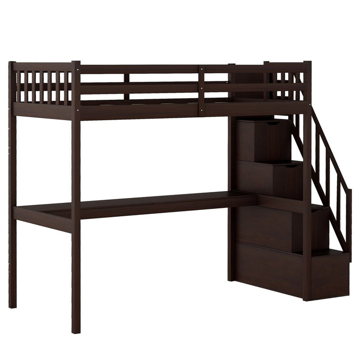 Espresso Twin Size Loft Bed with Built In Desk and Stairway Image 8