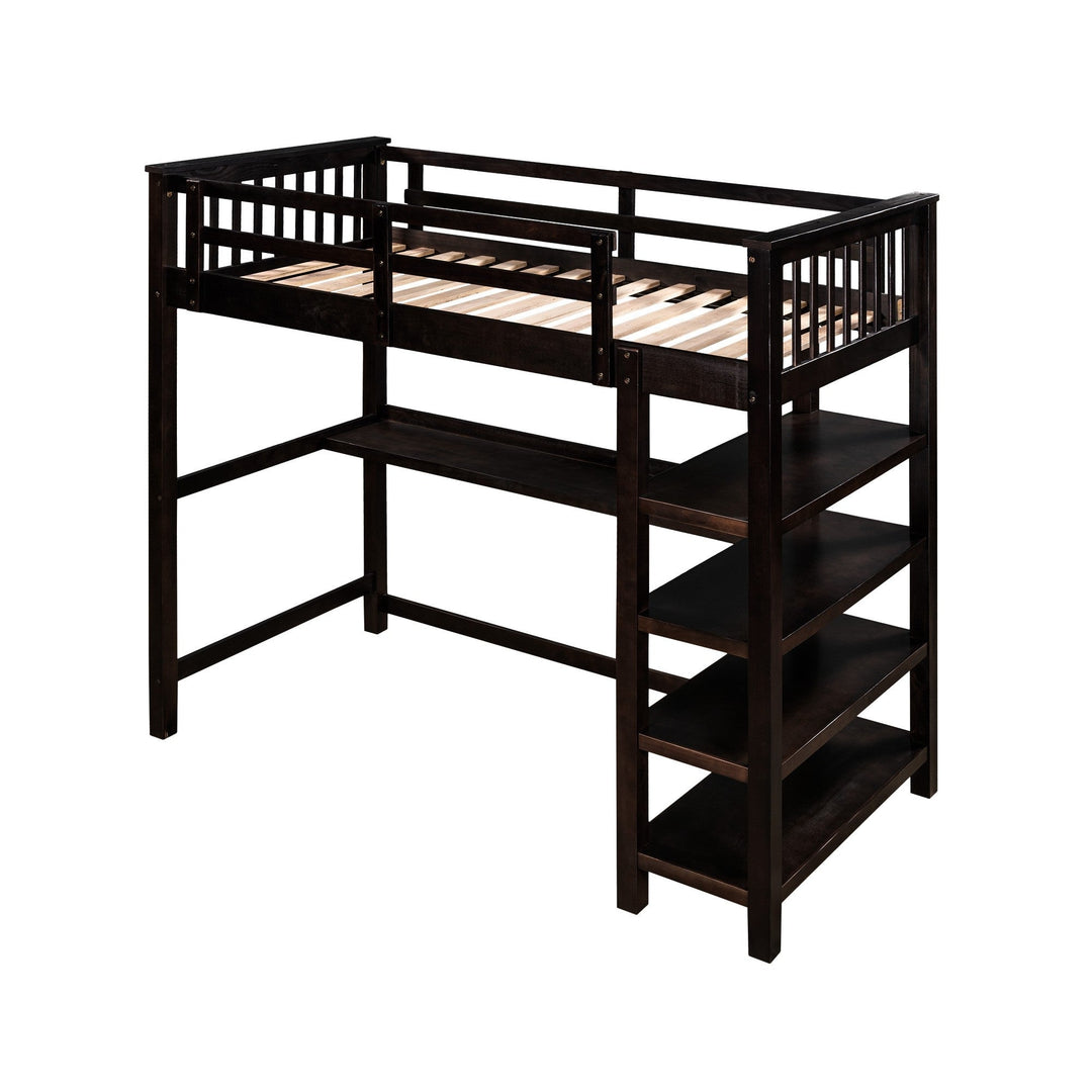 Espresso Twin Size Wood Loft Bed with Storage Shelves and Desk Image 1