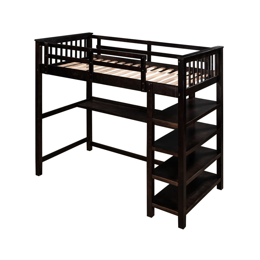 Espresso Twin Size Wood Loft Bed with Storage Shelves and Desk Image 1