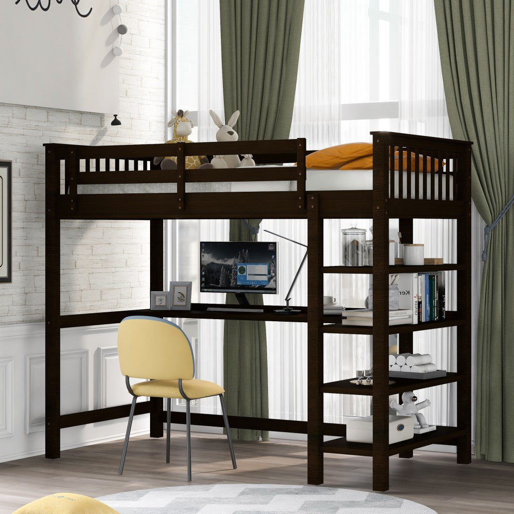 Espresso Twin Size Wood Loft Bed with Storage Shelves and Desk Image 2