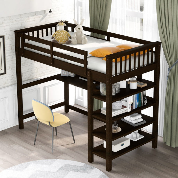 Espresso Twin Size Wood Loft Bed with Storage Shelves and Desk Image 3