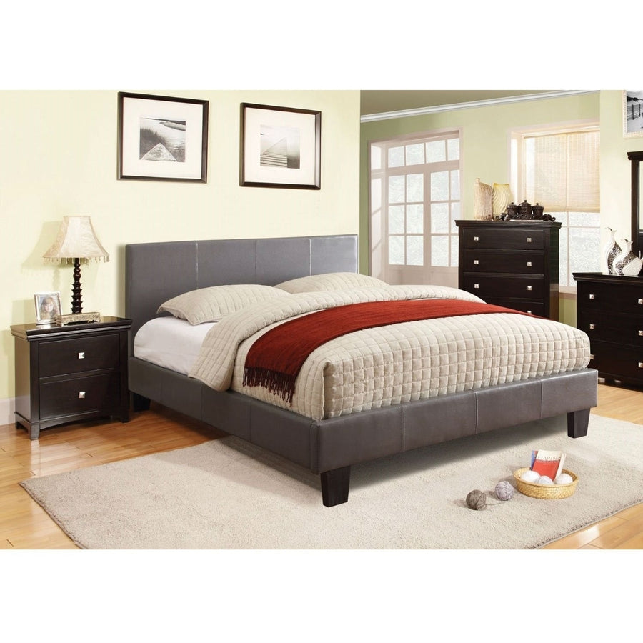 Full size Platform Bed with Headboard Upholstered in Gray Faux Leather Image 1