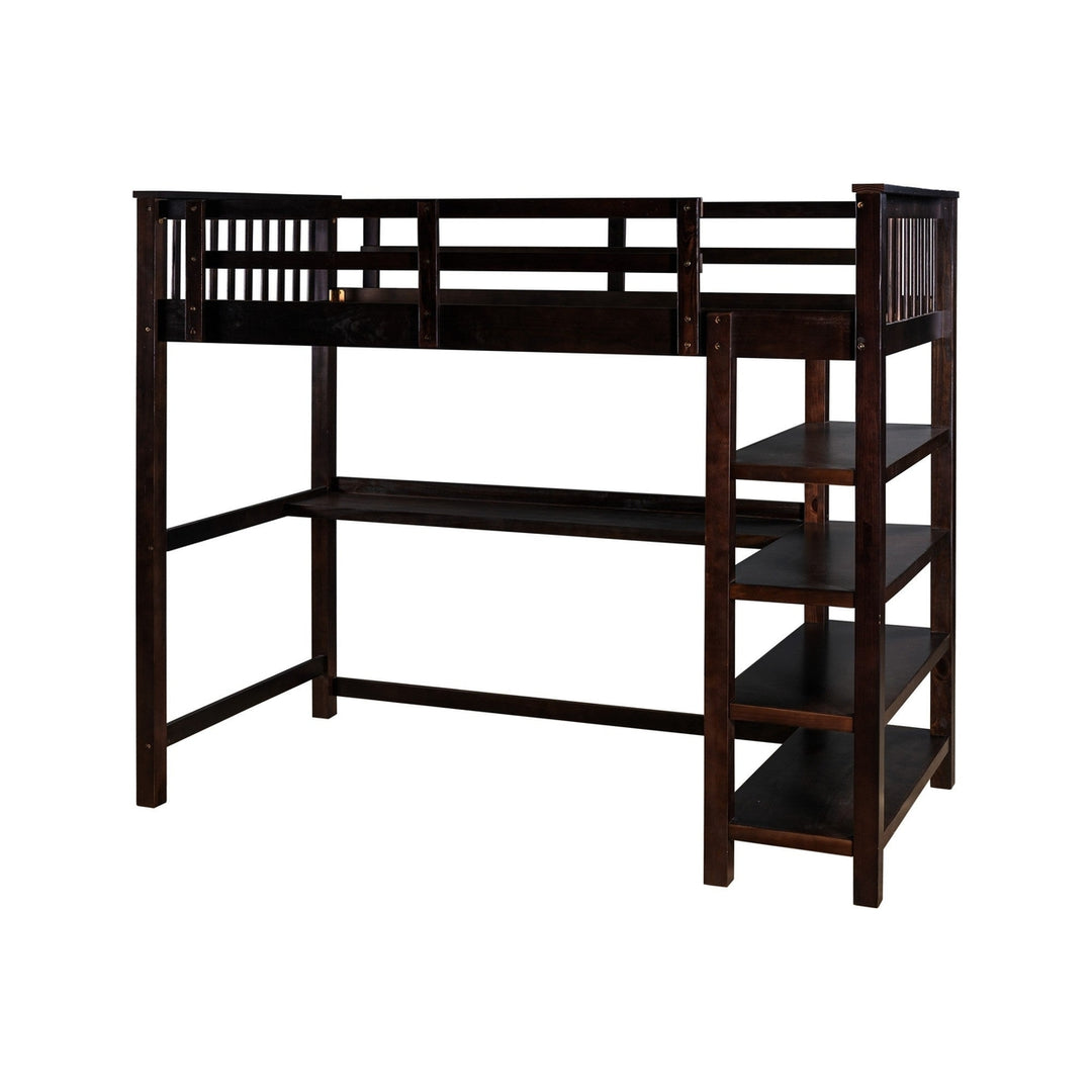 Espresso Twin Size Wood Loft Bed with Storage Shelves and Desk Image 5