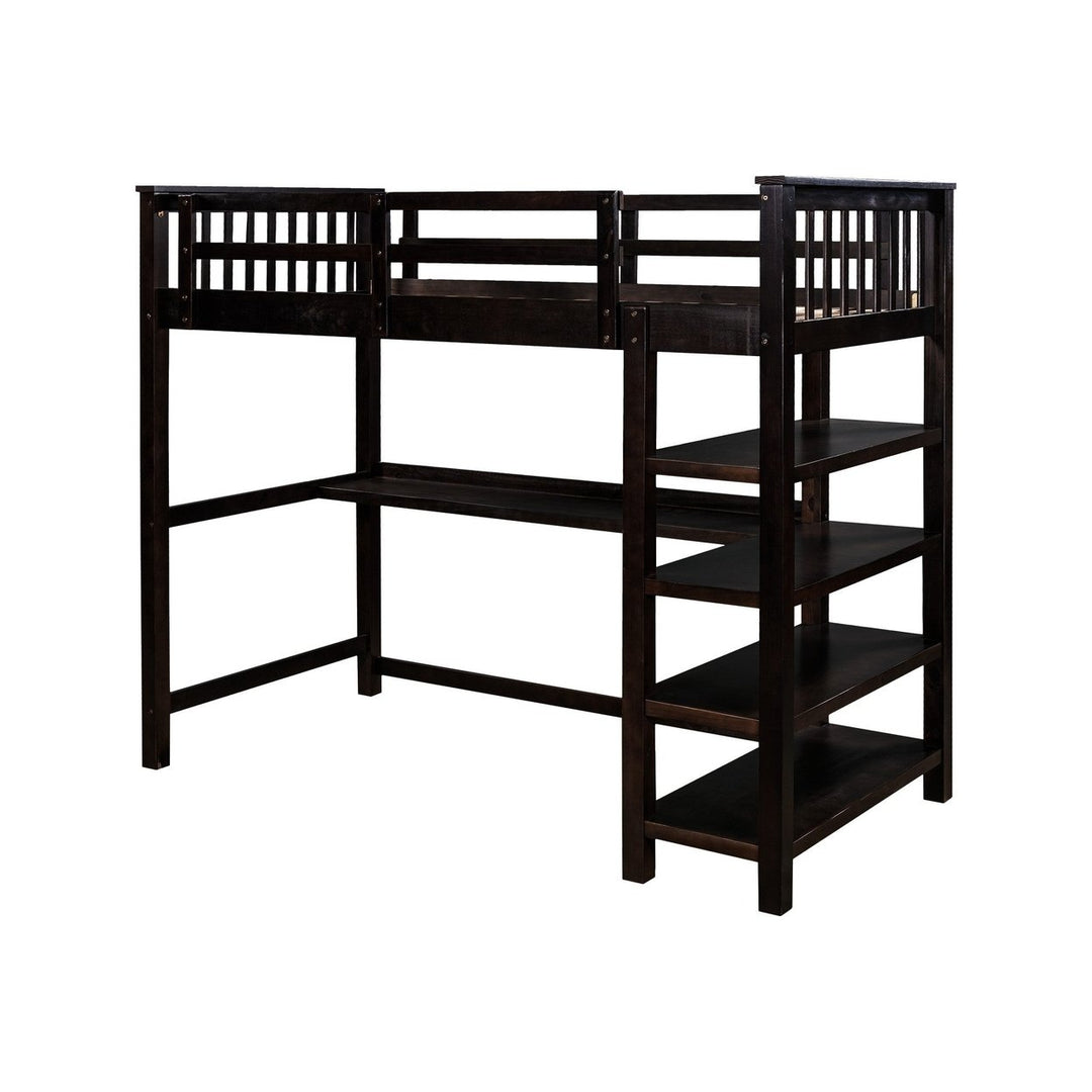 Espresso Twin Size Wood Loft Bed with Storage Shelves and Desk Image 6