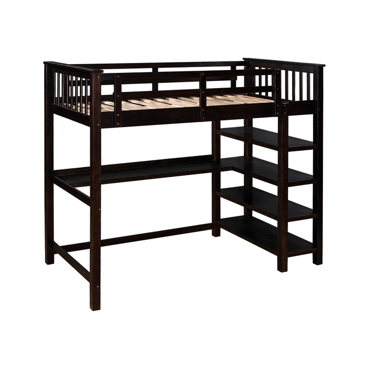 Espresso Twin Size Wood Loft Bed with Storage Shelves and Desk Image 7