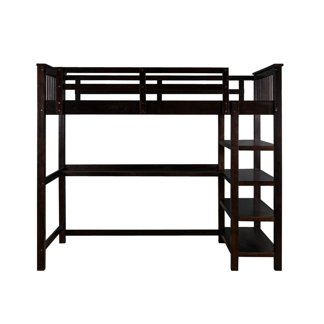 Espresso Twin Size Wood Loft Bed with Storage Shelves and Desk Image 8