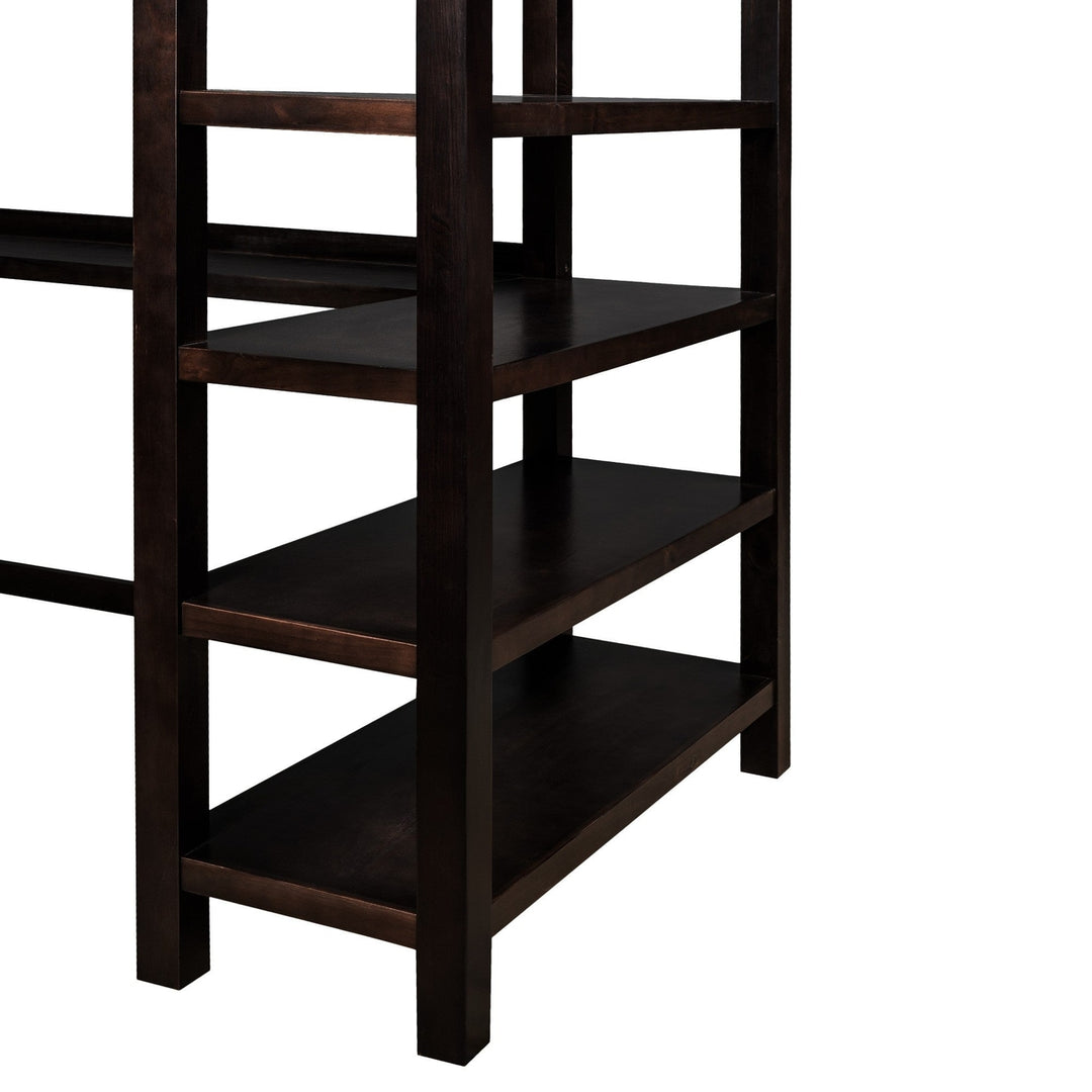 Espresso Twin Size Wood Loft Bed with Storage Shelves and Desk Image 9