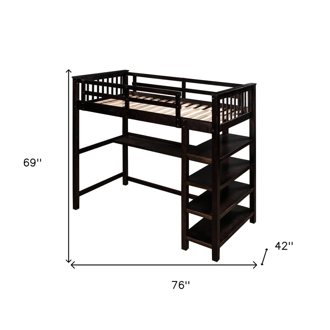 Espresso Twin Size Wood Loft Bed with Storage Shelves and Desk Image 10