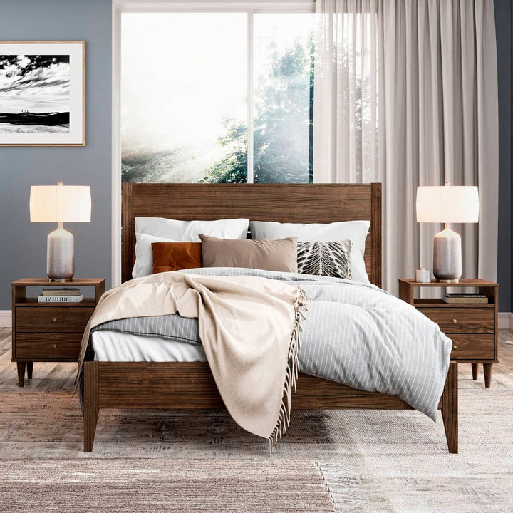 Full Size Rustic Walnut Mid Century Slatted Platform Bed Image 5