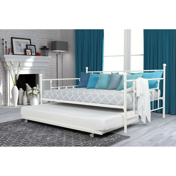 Full size White Metal Daybed with Twin Roll-out Trundle Bed Image 2