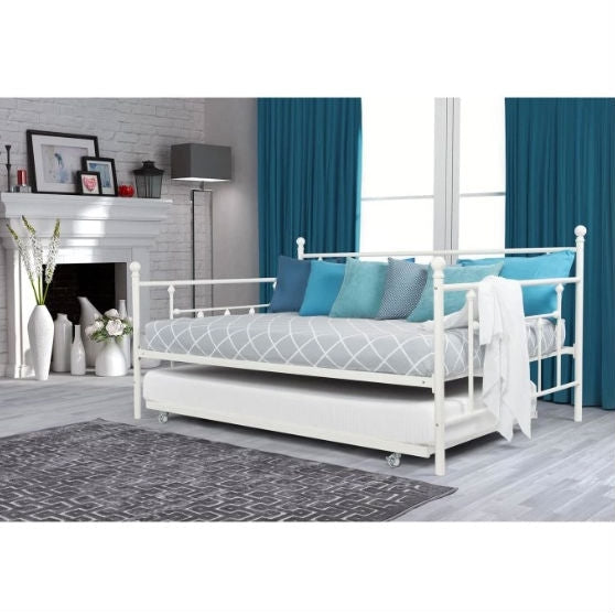 Full size White Metal Daybed with Twin Roll-out Trundle Bed Image 3