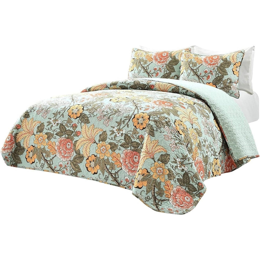 Full/Queen 3 Piece Farmhouse Teal Blue Floral Cotton Reversible Quilt Set Image 1