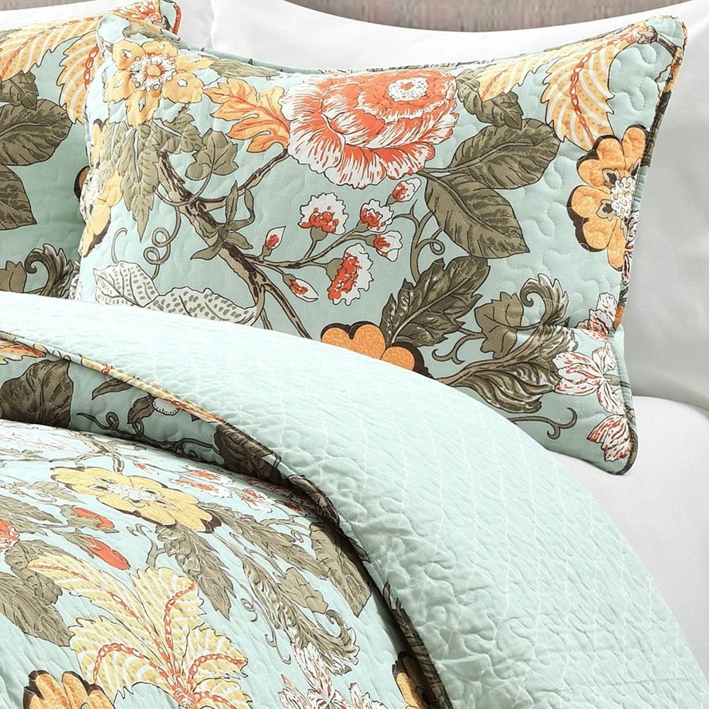 Full/Queen 3 Piece Farmhouse Teal Blue Floral Cotton Reversible Quilt Set Image 2