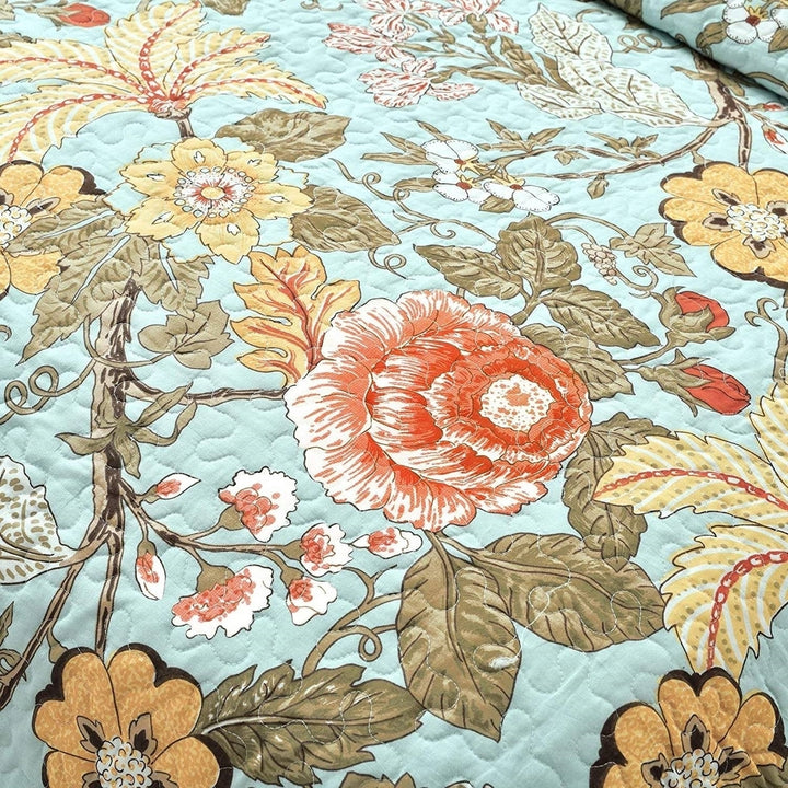 Full/Queen 3 Piece Farmhouse Teal Blue Floral Cotton Reversible Quilt Set Image 3