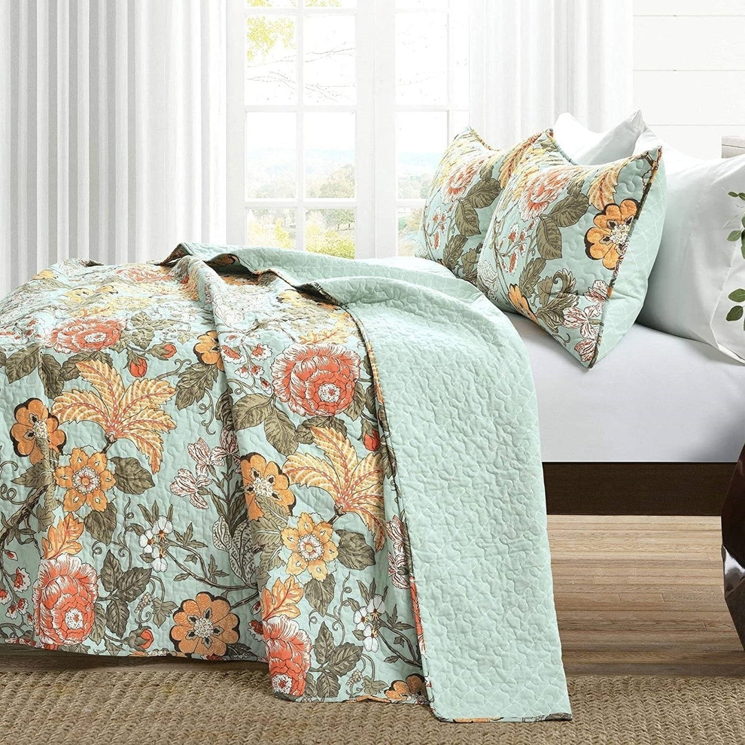 Full/Queen 3 Piece Farmhouse Teal Blue Floral Cotton Reversible Quilt Set Image 4