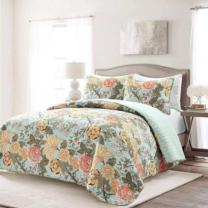 Full/Queen 3 Piece Farmhouse Teal Blue Floral Cotton Reversible Quilt Set Image 5