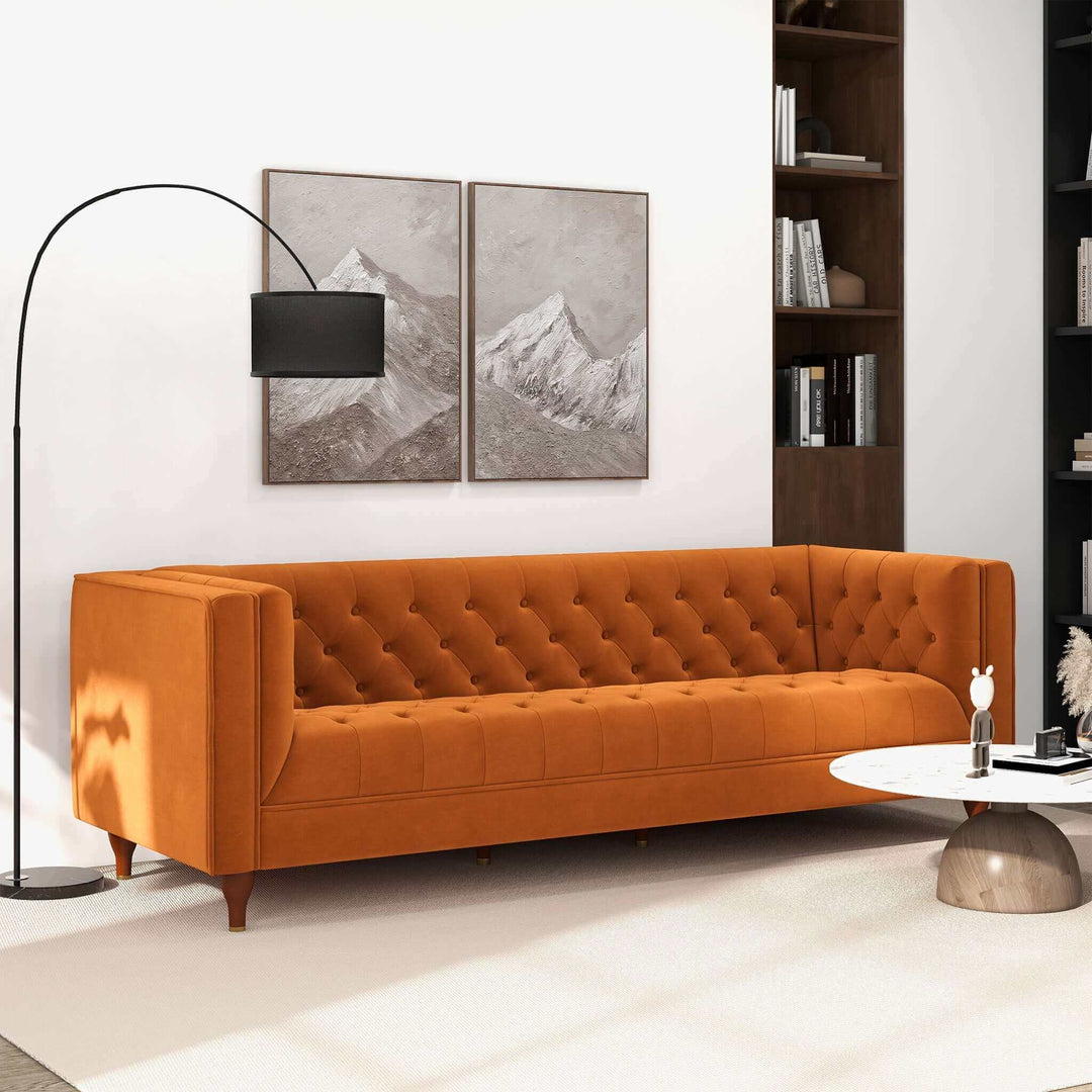 Evelyn Mid Century Modern Burnt Orange Velvet Luxury Chesterfield Sofa Image 1