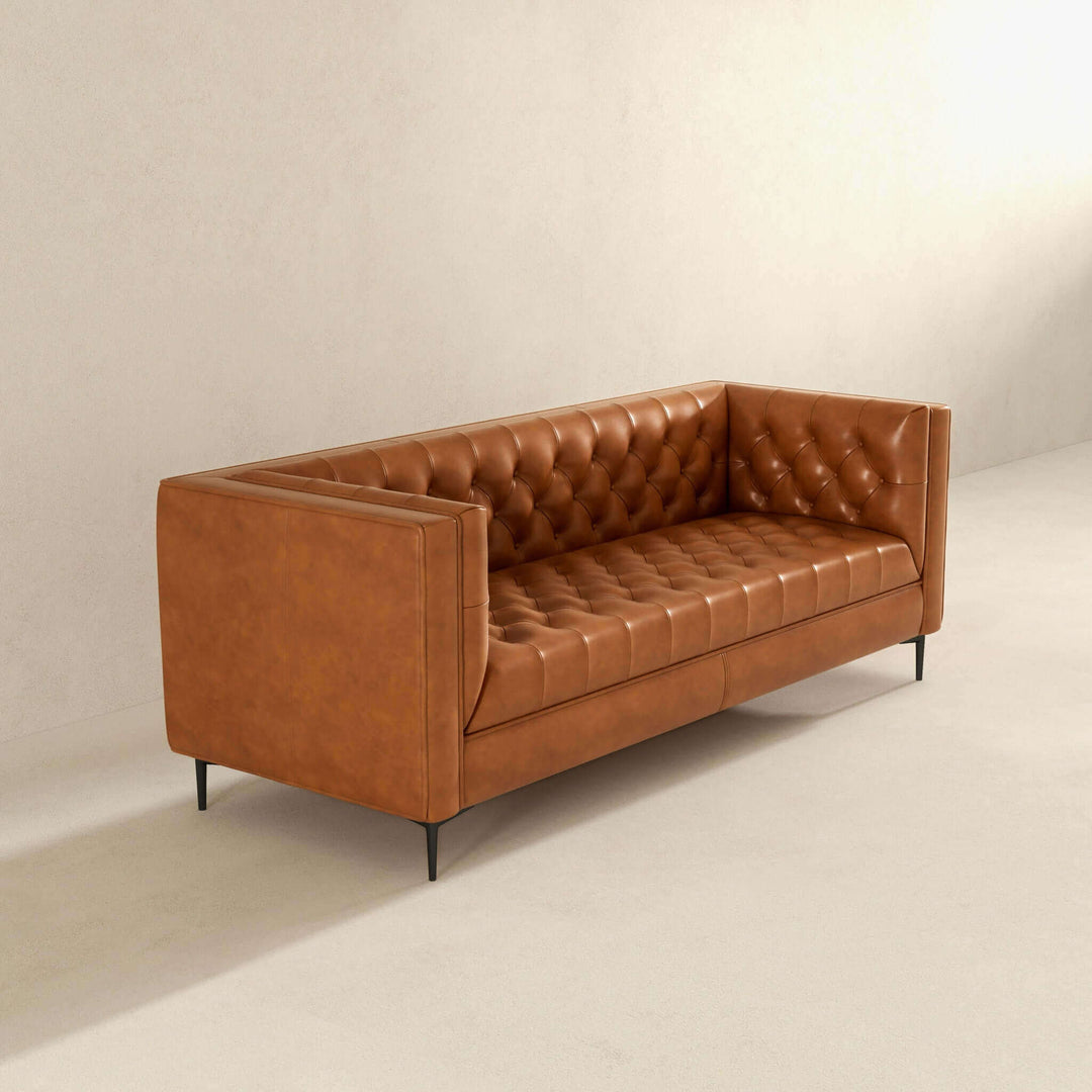 Evelyn Mid Century Modern Cognac Leather Luxury Chesterfield Sofa Image 4