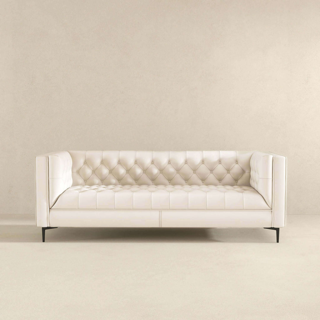 Evelyn Mid Century Modern Cream Leather Luxury Chesterfield Sofa Image 3