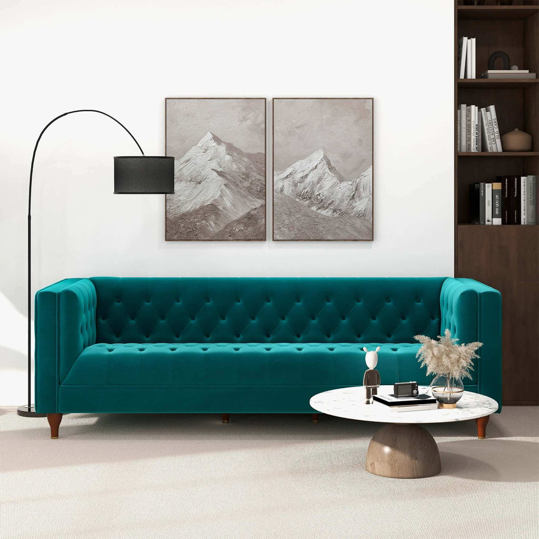 Evelyn Mid Century Modern Teal Velvet Luxury Chesterfield Sofa Image 1