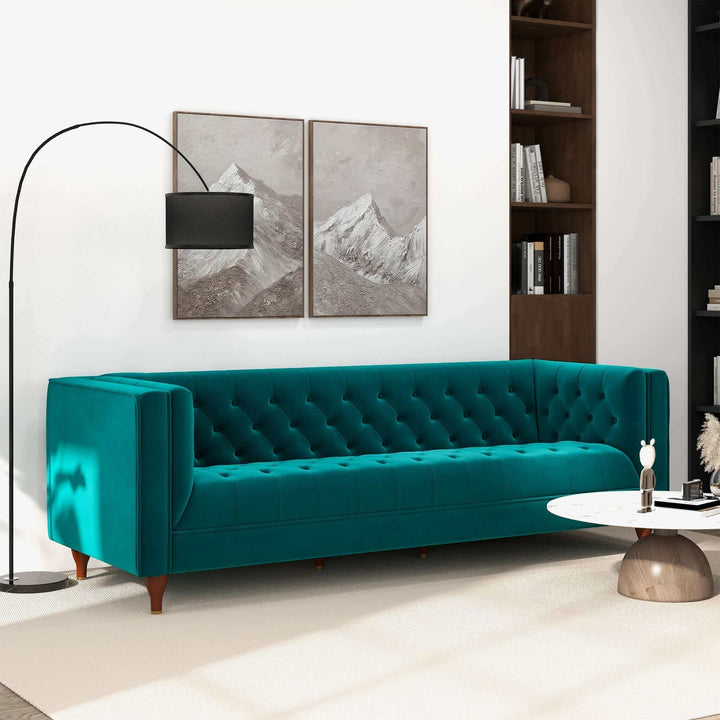 Evelyn Mid Century Modern Teal Velvet Luxury Chesterfield Sofa Image 2