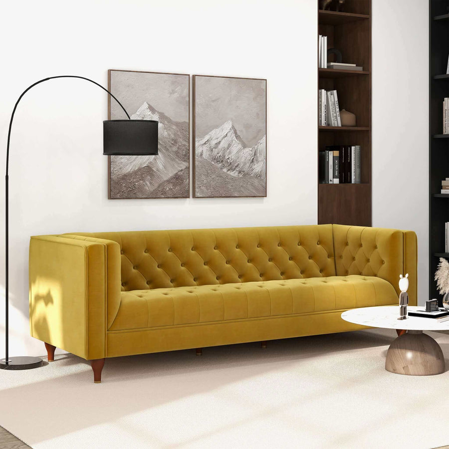 Evelyn Mid Century Modern Yellow Velvet Luxury Chesterfield Sofa Image 1