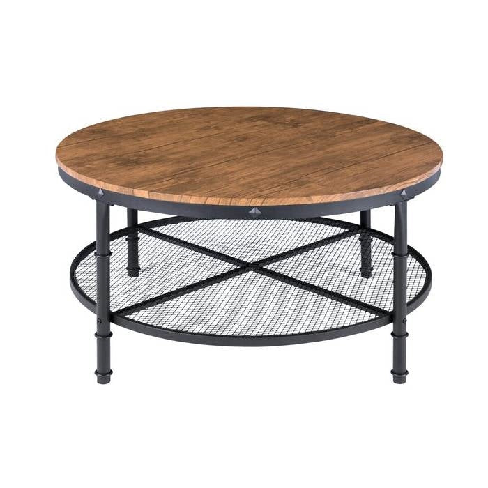 FarmHome Industrial Wood Steel Coffee Table 2-Tier Round with Storage Shelves Image 1