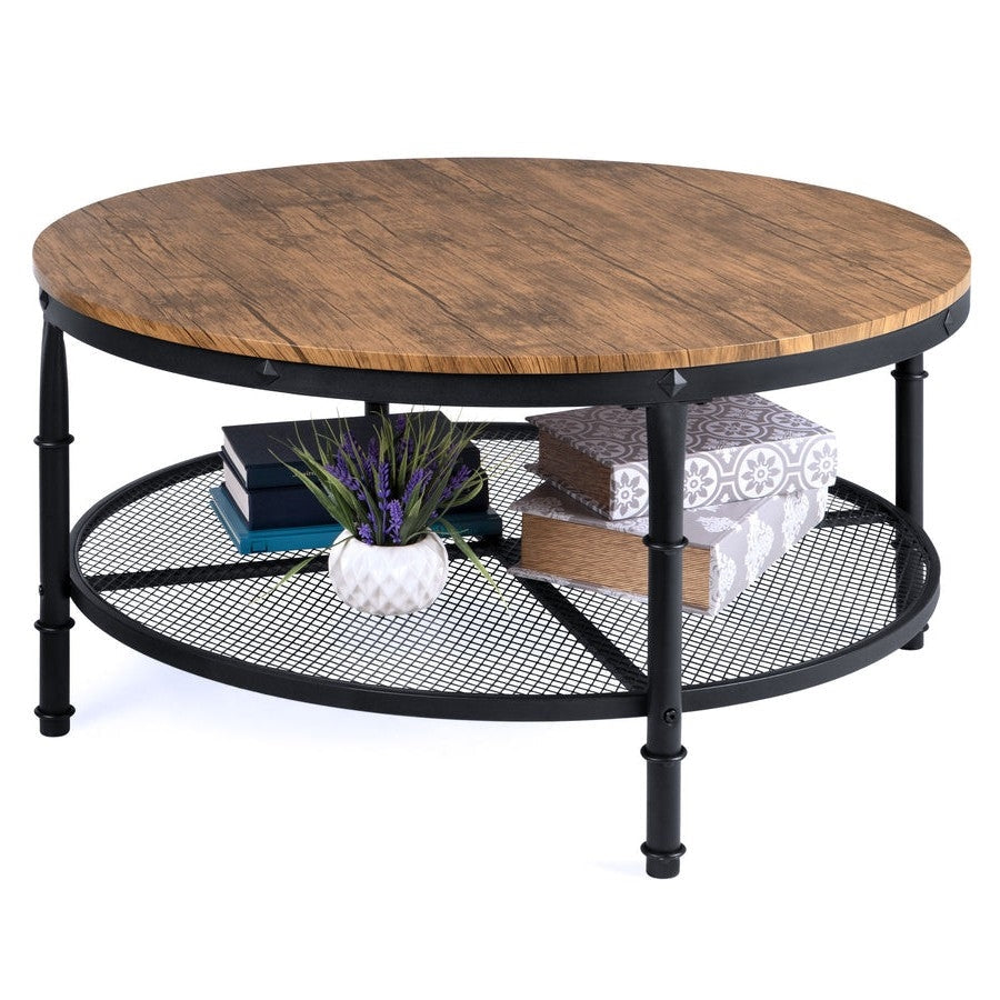 FarmHome Industrial Wood Steel Coffee Table 2-Tier Round with Storage Shelves Image 2