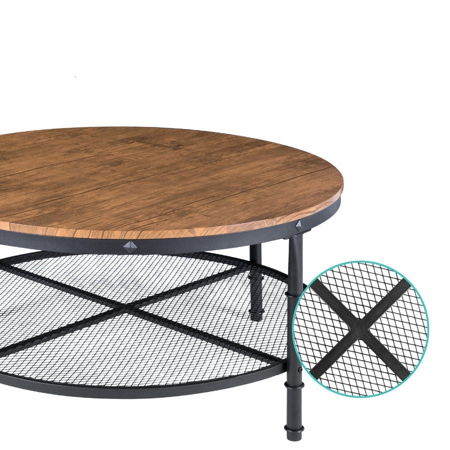 FarmHome Industrial Wood Steel Coffee Table 2-Tier Round with Storage Shelves Image 3