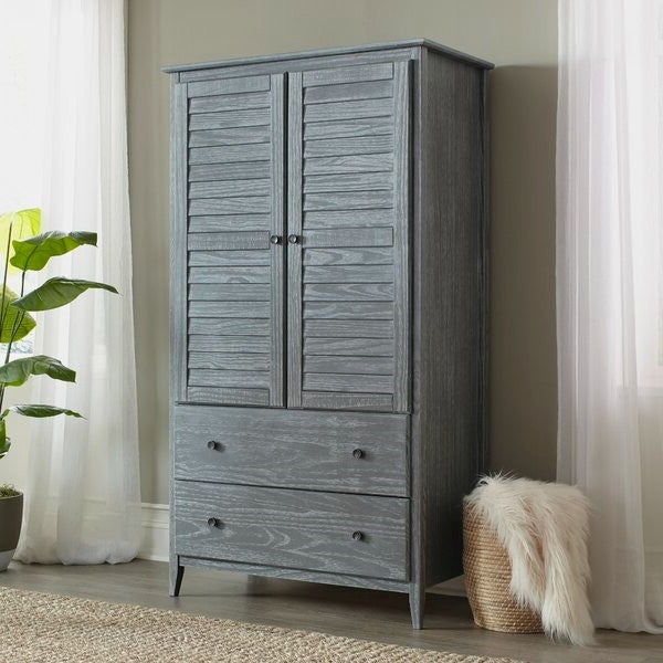 FarmHome Louvered Distressed Grey Solid Pine Armoire Image 1