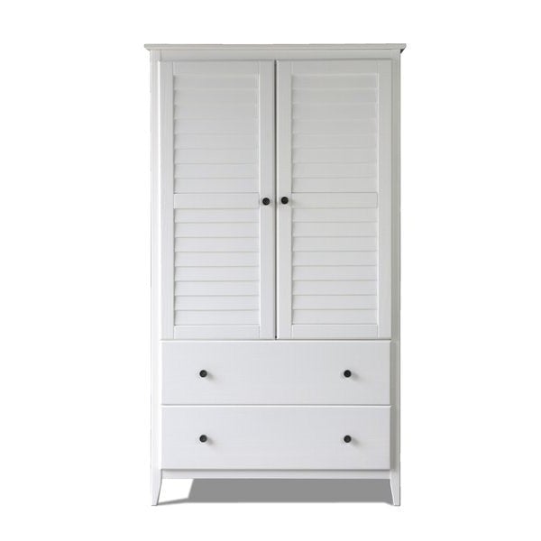 FarmHome Louvered Distressed White Solid Pine Armoire Image 2