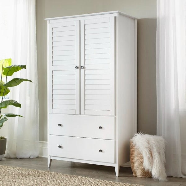 FarmHome Louvered Distressed White Solid Pine Armoire Image 4