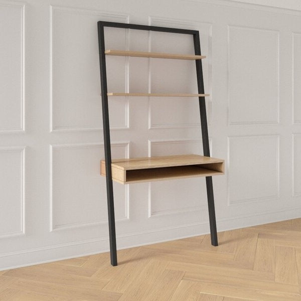 Farmhouse Rustic Oak Black Leaning Ladder Writing Desk 2 Shelves Image 2