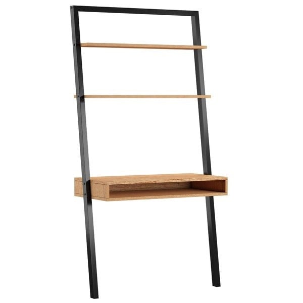 Farmhouse Rustic Oak Black Leaning Ladder Writing Desk 2 Shelves Image 3