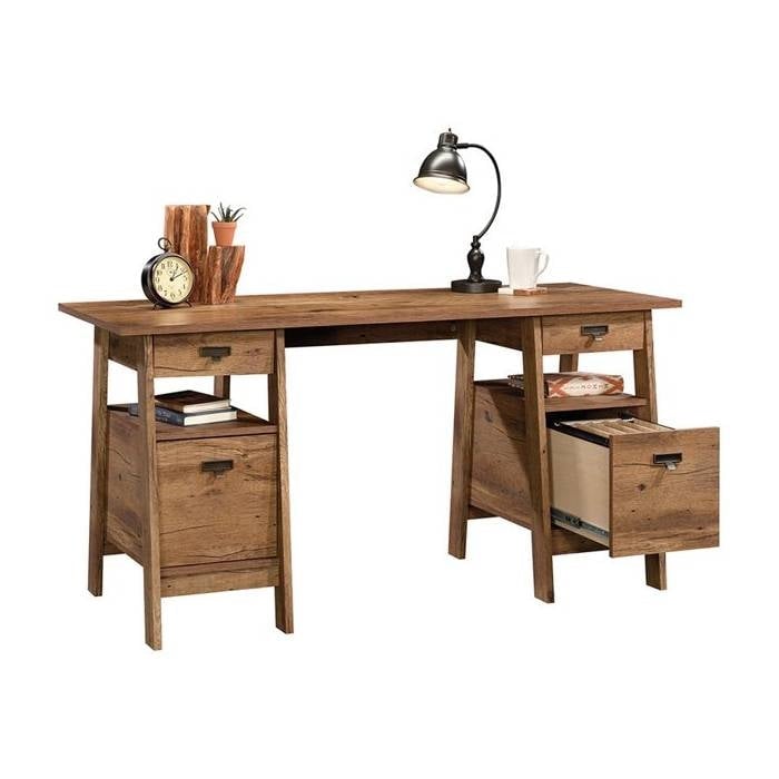 FarmHouse Rustic Oak Executive Desk w/ Filing Cabinets Storage Image 2