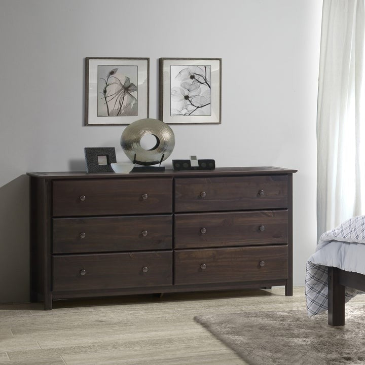 Farmhouse Solid Pine Wood 6 Drawer Dresser in Espresso Finish Image 4