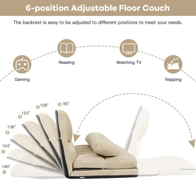 Faux Suede Minimalist 5 Tilt Foldable Floor Sofa Bed Detachable Cloth Cover in Beige Image 4