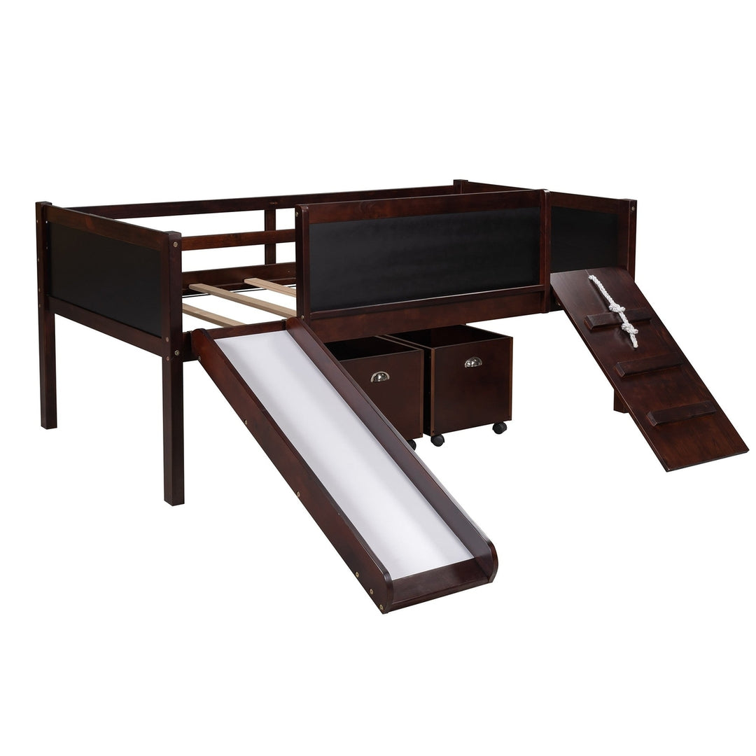 Climbing Frame Dark Brown Twin Size Loft Bed with Slide and Storage Boxes Image 3