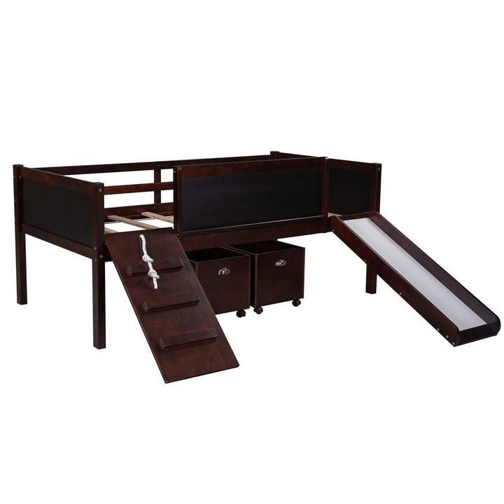 Climbing Frame Dark Brown Twin Size Loft Bed with Slide and Storage Boxes Image 4